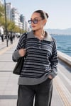 Kadın Çizgi Desenli Polo Yaka Triko Örme Kazak 265303 -
