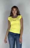 Kadın Bisiklet Yaka Barbie Baskılı Kolu Fırfırlı Bluz Sarı Tişört-T-shirt-Tf The Fancy For You-6918-3-Kadın Bisiklet Yaka Barbie Baskılı Kolu Fırfırlı Bluz Tişört