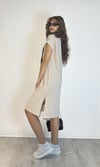 Kadın Bisiklet Yaka Baskılı Oversize Kısa Kol Elbise - Krem -Elbise-Tf The Fancy For You-1098-Kadın Oversize Baskılı Yırtmaç Detaylı Kısa Kollu Elbise