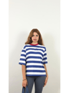 Kadın Bisiklet Yaka Kısa Kollu Beyaz Lacivert Çizgili T-Shirt -Yeni Gelenler -Tf The Fancy For You-1524-Kadın Bisiklet Yaka Kısa Kol Beyaz Lacivert Çizgili T-Shirt 