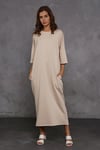Kadın Bisiklet Yaka Truvakar Kol Çift Cepli Oversize Bej Uzun Elbise -Elbise-Tf The Fancy For You-8153-3-Kadın Bisiklet Yaka Truvakar Kol Çift Cepli Oversize Bej Uzun Elbise 