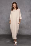 Kadın Bisiklet Yaka Truvakar Kol Çift Cepli Oversize Bej Uzun Elbise -Elbise-Tf The Fancy For You-8153-3-Kadın Bisiklet Yaka Truvakar Kol Çift Cepli Oversize Bej Uzun Elbise 
