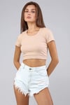 Kadın Bisiklet Yaka Vücuda Oturan Fitilli Esnek Bej Crop Top Tişört-T-shirt-Tf The Fancy For You-cropkskrse-4-Kadın Bisiklet Yaka Vücuda Oturan Fitilli Esnek Bej Crop Top Tişört