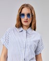 Kadın Çizgili Kol Katlamalı Kısa Kol Keten Gömlek Bej-GÖMLEK-Tf The Fancy For You-9477-Kadın Çizgili Kol Katlamalı Kısa Kol Keten Gömlek