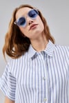 Kadın Çizgili Kol Katlamalı Kısa Kol Keten Mavi Gömlek-Gömlek -Tf The Fancy For You-9477-3-Kadın Çizgili Kol Katlamalı Kısa Kol Keten Mavi Gömlek