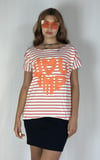 Kadın Geniş Yaka Kabartma Baskı Detaylı Çizgili Oversize Oranj Tişört -T-shirt-Tf The Fancy For You-7928-1-
