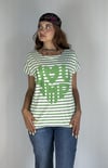 Kadın Geniş Yaka Kabartma Baskı Detaylı Çizgili Oversize Yeşil Tişört -T-shirt-Tf The Fancy For You-7928-1-