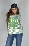 Kadın Geniş Yaka Kabartma Baskı Detaylı Çizgili Oversize Yeşil Tişört -T-shirt-Tf The Fancy For You-7928-1-