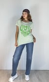 Kadın Geniş Yaka Kabartma Baskı Detaylı Çizgili Oversize Yeşil Tişört -T-shirt-Tf The Fancy For You-7928-1-