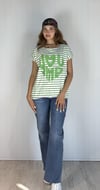 Kadın Geniş Yaka Kabartma Baskı Detaylı Çizgili Oversize Yeşil Tişört -T-shirt-Tf The Fancy For You-7928-1-
