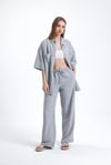 Kadın Keten Kumaş Truvakar Kol Oversize Basic Gömlek Şort Gri İkili Takım-Alt Üst Takım -Tf The Fancy For You-8736-3-Kadın Keten Kumaş Truvakar Kol Oversize Basic Gömlek Şort Gri İkili Takım