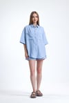 Kadın Keten Kumaş Truvakar Kol Oversize Basic Gömlek Şort Mavi İkili Takım-Alt Üst Takım -Tf The Fancy For You-8774-4-Kadın Keten Kumaş Truvakar Kol Oversize Basic Gömlek Şort Mavi İkili Takım
