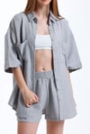 Kadın Keten Kumaş Truvakar Kol Oversize Basic Gömlek Şort Gri İkili Takım-Alt Üst Takım -Tf The Fancy For You-8774-3-Kadın Keten Kumaş Truvakar Kol Oversize Basic Gömlek Şort Gri İkili Takım