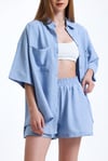 Kadın Keten Kumaş Truvakar Kol Oversize Basic Gömlek Şort Mavi İkili Takım-Alt Üst Takım -Tf The Fancy For You-8774-4-Kadın Keten Kumaş Truvakar Kol Oversize Basic Gömlek Şort Mavi İkili Takım