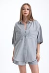 Kadın Keten Kumaş Truvakar Kol Oversize Basic Gömlek Şort Gri İkili Takım-Alt Üst Takım -Tf The Fancy For You-8774-3-Kadın Keten Kumaş Truvakar Kol Oversize Basic Gömlek Şort Gri İkili Takım