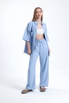 Kadın Keten Kumaş Truvakar Kol Oversize Basic Gömlek Şort Mavi İkili Takım-Alt Üst Takım -Tf The Fancy For You-8736-4-Kadın Keten Kumaş Truvakar Kol Oversize Basic Gömlek Şort Mavi İkili Takım