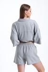 Kadın Keten Kumaş Truvakar Kol Oversize Basic Gömlek Şort Gri İkili Takım-Alt Üst Takım -Tf The Fancy For You-8774-3-Kadın Keten Kumaş Truvakar Kol Oversize Basic Gömlek Şort Gri İkili Takım
