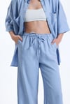 Kadın Keten Kumaş Truvakar Kol Oversize Basic Gömlek Şort Mavi İkili Takım-Alt Üst Takım -Tf The Fancy For You-8736-4-Kadın Keten Kumaş Truvakar Kol Oversize Basic Gömlek Şort Mavi İkili Takım