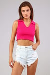 Kadın Polo Yaka Sıfır Kol Fuşya Crop Top Bluz-T-shirt-Tf The Fancy For You-yakalıcrop-4-Kadın Polo Yaka Sıfır Kol Fuşya Crop Top Bluz
