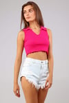 Kadın Polo Yaka Sıfır Kol Fuşya Crop Top Bluz-T-shirt-Tf The Fancy For You-yakalıcrop-4-Kadın Polo Yaka Sıfır Kol Fuşya Crop Top Bluz