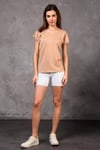 Kadın V Yaka Kısa Kol Düz Basic Kahverengi Tişört -T-shirt-Tf The Fancy For You-8462-2-Kadın V Yaka Kısa Kol Düz Basic Kahverengi Tişört 
