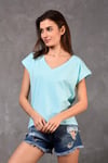 Kadın V Yaka Kısa Kol Düz Basic Turkuaz Tişört -T-shirt-Tf The Fancy For You-8462-3-Kadın V Yaka Kısa Kol Düz Basic Turkuaz Tişört 