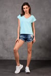 Kadın V Yaka Kısa Kol Düz Basic Turkuaz Tişört -T-shirt-Tf The Fancy For You-8462-3-Kadın V Yaka Kısa Kol Düz Basic Turkuaz Tişört 