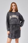 Kadın Yıkamalı Bisiklet Yaka Düğme Detaylı Uzun Kollu Siyah Sweatshirt Elbise -Elbise-Tf The Fancy For You-9907-2-Kadın Yıkamalı Bisiklet Yaka Düğme Detaylı Uzun Kollu Siyah Sweatshirt Elbise 