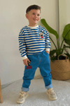 Erkek Çocuk Takım Çizgili Sweat Mavi Jean Pantolon