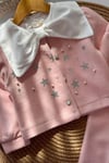 Kız Çocuk 3'lü Yıldızlı Gömlek Pantolon Hırka  Pembe Triko Takım