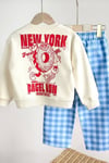 Unisex Gabardin Pantolonlu New York Mavi Kareli Takım