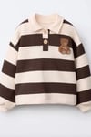 Unisex Polo Yaka Ayıcıklı Nakışlı Kahve Sweatshirt