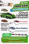 190 Adet Kişiye Özel Okul Etiketi İsimli Kalem Defter Suluk Etiket Dayanıklı Etiket Yarış Arabaları
