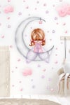 Ayda Oturan Sevimli Kız Çocuk Odası Duvar Sticker Seti Yıldız Ve Puantiyeli