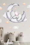 Ayda Uyuyan Fil Bulut Ve Yıldızlar Sticker Seti, Çocuk Bebek Odası Duvar Cam Sticker
