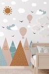 Bohem Soft Dağ ve Gökyüzü Temalı Uçak Balon İçerikli Duvar Kağıdı Görünümlü Çocuk Odası Sticker Seti