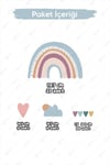 Boho Gökkuşağı Kalpler ve Figürler Çocuk Bebek odası Duvar Sticker Seti, Pastel Renklerde Gökkuşağı