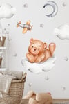 Bulutta Sevimli Ayıcık ve Yıldızlar Bulutlar Sevimli Sticker Seti Çocuk Bebek Odası Cam Duvar Sticke