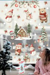 Çift Taraflı Baskılı Yılbaşı Evi ve Sevimli Hayvanlar Yeni Yıl Çocuk Bebek Odası Sticker Seti, Çift Yönlü Yılbaşı