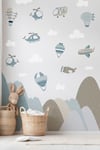 Dağ ve Gökyüzü Temalı Uçak Balon İçerikli Duvar Kağıdı Görünümlü Çocuk Bebek Odası Sticker Seti