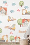 İş Makinaları Duvar Sticker Seti, İş Makinaları Kepçe ve Evler Ağaçlar Sticker Seti