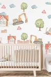 İş Makinaları Duvar Sticker Seti, İş Makinaları Kepçe ve Evler Ağaçlar Sticker Seti