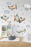 Pastel Tonlarda Planör Uçak Balon ve Bulutlar Yıldızlar Çocuk Bebek Odası Duvar Cam Dolap Sticker