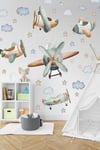 Pastel Tonlarda Planör Uçak Balon ve Bulutlar Yıldızlar Çocuk Bebek Odası Duvar Cam Dolap Sticker