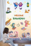 Ramazan Geldi Hoş Geldi İngilizce Cam Duvar Sticker Seti, Ramazanı Coşkuyla Karşılayan Çocuklar Ramazan Süsü