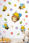 Sevimli Arılar Çiçekler ve Yapraklar Çocuk Bebek Odası Duvar Cam Dolap Sticker Seti, Arı Sticker