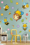 Sevimli Arılar Çiçekler ve Yapraklar Çocuk Bebek Odası Duvar Cam Dolap Sticker Seti, Arı Sticker
