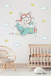 Uçakta Uçan Ayıcık Soft Renklerde Çocuk Odası Sticker