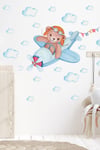 Uçakta Uçan Sevimli Ayıcık ve Bulutlar Çocuk Bebek Odası Sticker Seti