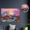 Sanat Temalı Cam Tablo Yuvarlak Cam Saat Seti